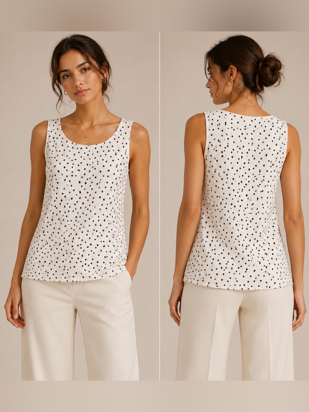 c. Renee White Black Polka Dot Sleeveless Top